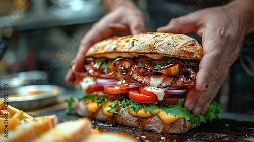 A chef's hands assembling a gourmet sandwich, layering ingredients with care. Minimal and Simple style photo