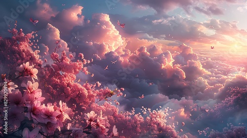 Surreal flowers blooming in the sky, floating among clouds, vibrant and fantastical colors, birds and butterflies, rich pinks and purples, soft and dreamy lighting, whimsical and imaginative. photo