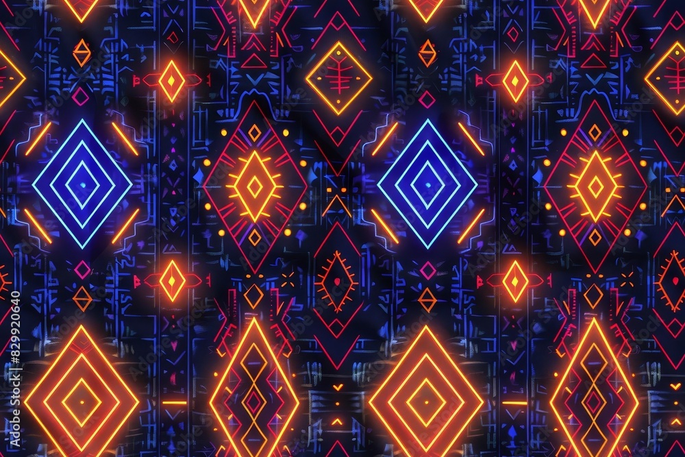 Neon outline on dark ikat, tribal patterns highlighted with neon, nighttime urban vibe