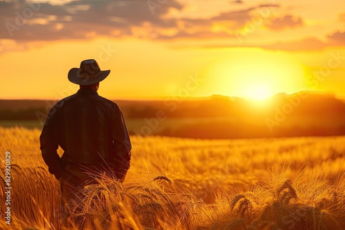 a man in a cowboy hat standing in a field, A serene mosque silhouette against a golden sunset