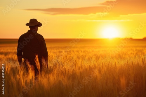 a man in a cowboy hat standing in a field  A serene mosque silhouette against a golden sunset