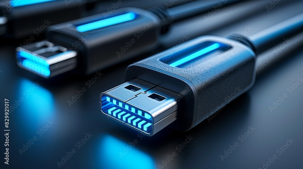 Close-up of modern high-speed data cables with illuminated connectors on a dark background, showcasing advanced technology and connectivity. Close-up of modern high-speed data cables with illuminated connectors on a dark background, showcasing advanced technology and connectivity.