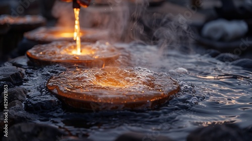 A blacksmith's hands quenching hot metal in water, steam rising from the process. Minimal and Simple style