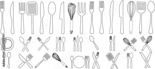 Kitchen utensils vector illustration, cutlery line art set. Includes spoon, fork, knife, spatula, whisk, ladle, tongs, peeler. Perfect for kitchenware and flatware collection photo