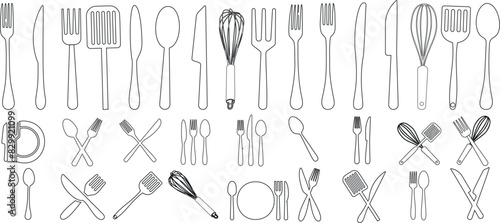 Kitchen utensils vector illustration, cutlery line art set. Includes spoon, fork, knife, spatula, whisk, ladle, tongs, peeler. Perfect for kitchenware and flatware collection