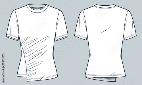 Draped T-Shirt fashion flat flat technical drawing template. Slim fit Tee Shirt technical fashion Illustration, short sleeve, front and back view, white, women Top CAD mockup.