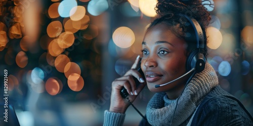 Call center businesswoman using computer for customer assistance, guidance, and communication with mockup space. Professional African counselor with information or bokeh overlay chat