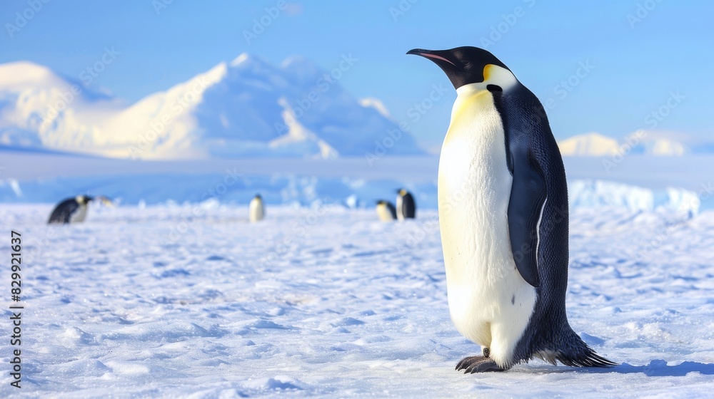 Fototapeta premium Emperor Penguin on Icy Landscape, Antarctica, Wildlife Photography, Suitable for Print, Poster, or Card Design