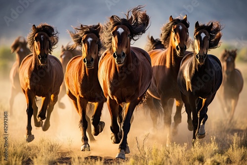 a group of horses running in a field  A group of wild horses galloping across an open plain