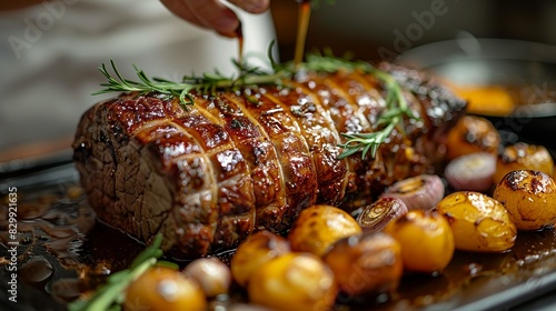 A chef's hands basting a roast with juices, keeping it moist and flavorful during cooking. Minimal and Simple style