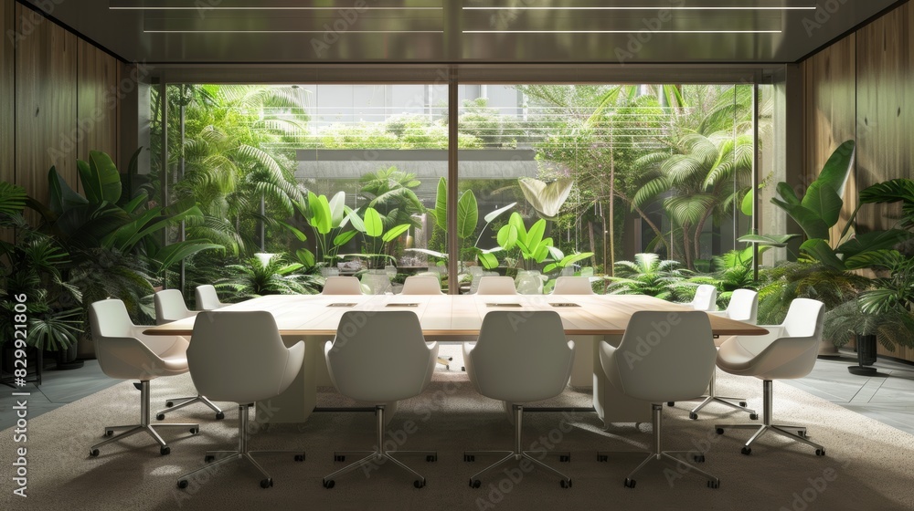 Architecture, sustainability, and environment with office boardroom for green, growth, and futuristic. AI-generated, glass, eco-friendly, carbon footprint, ecology, plant