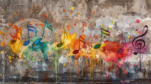 Painting of colorful musical notes in graffiti style
