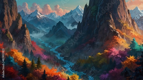 A fantasy world where each mountain is painted in vibrant hues, telling the story of its ancient guardians ai_generated photo