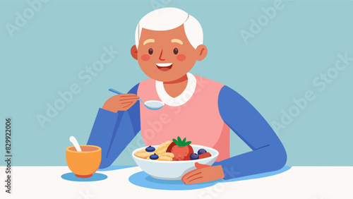 A senior citizen enjoying a hearty bowl of oatmeal topped with fresh berries seeds and honey demonstrating that healthy eating habits can be maintained at any age.. Vector illustration