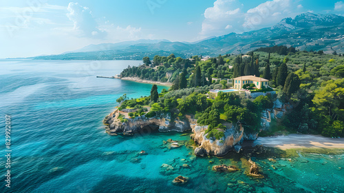 A photo featuring the idyllic island of Corfu captured from an aerial perspective with a drone. Highlighting the lush landscapes and charming coastal villages, while surrounded by the clear blue water photo
