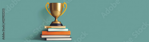 Gold trophy with a stack of books behind, representing academic success, flat design, bright colors, minimalist style. photo