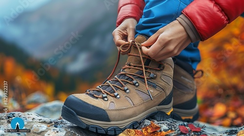 Hands tying the laces of hiking boots, preparing for an eco-friendly mountain trek. Minimal and Simple style
