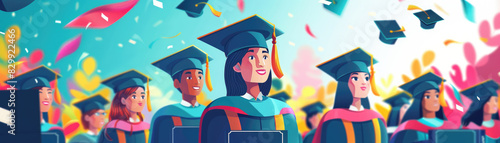 Academic success is celebrated by a student holding a gold trophy and diploma at a graduation ceremony, illustrated in a detailed 3D render with vivid colors.