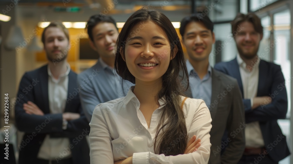 Obraz premium Portrait and leadership of businesswoman smiling in startup office and delighted with staff. Female boss with excited smile and team success, arms crossed or entrepreneurship enthusiasm.