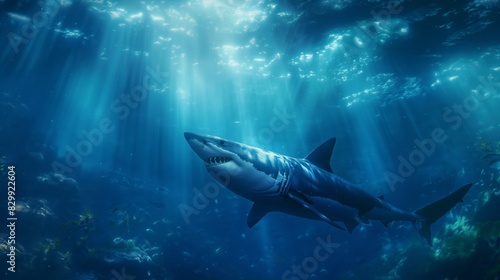 A great white shark is majestically swimming in the vast ocean