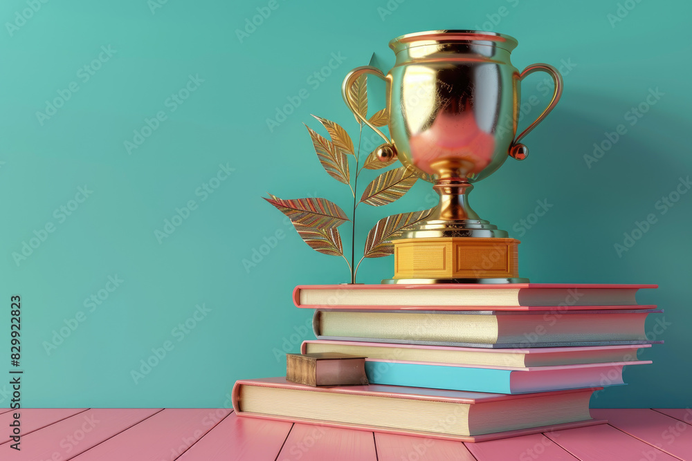 Shiny gold trophy with a stack of books and diploma symbolizes academic victory in a bright 3D render, showcasing detailed illustration of educational achievement. Shiny gold trophy with a stack of books and diploma symbolizes academic victory in a bright 3D render, showcasing detailed illustration of educational achievement.