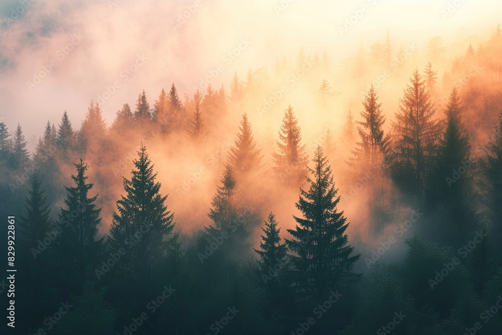 a forest with fog and trees in the background, A misty pine forest during a early morning sunrise