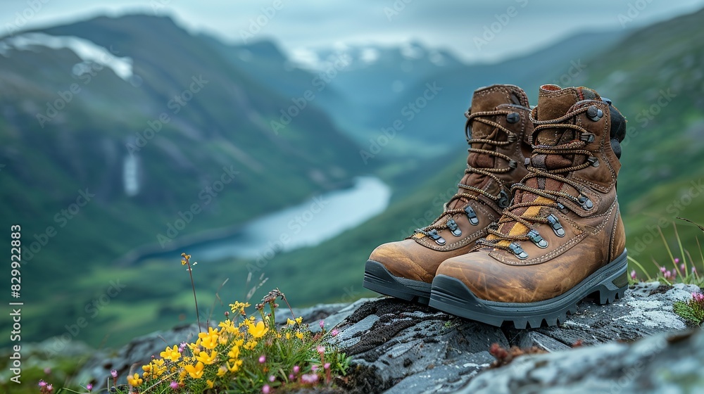 Legs wearing eco-friendly hiking boots, standing on a scenic mountain ridge. Minimal and Simple style Legs wearing eco-friendly hiking boots, standing on a scenic mountain ridge. Minimal and Simple style