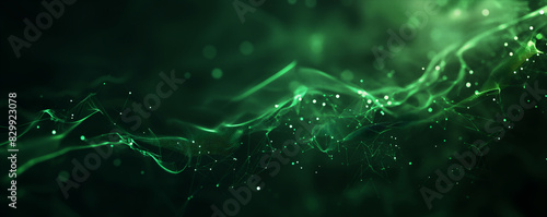 Abstract digital network background banner with glowing light and connecting data dots in black and green colors. Big data technology concept.