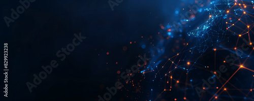 Abstract digital network circuit board background banner with glowing light and connecting data dots in blue and black colors. Big data technology concept.