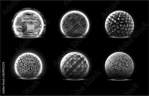 Glowing spheres white shield vector set, various geometric content of digital dome force barriers, energy defense shell