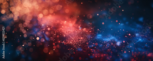 Abstract digital network background banner with glowing light and connecting data dots in blue orange and red colors. Big data technology concept.