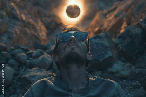 Man in sunglasses looking at the solar eclipse.