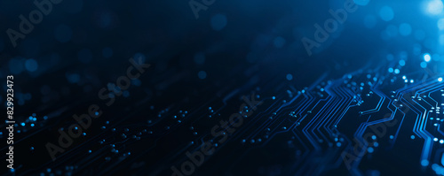 Abstract digital network circuit board background banner with glowing light and connecting data dots in blue and black colors. Big data technology concept.