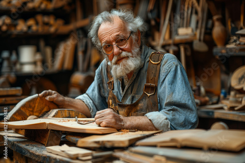 An elderly artisan is carefully shaping a piece of wood in a rustic, well-stocked woodworking workshop