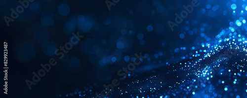 Abstract digital network circuit board background banner with glowing light and connecting data dots in blue and black colors. Big data technology concept.