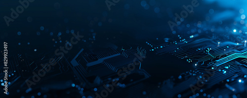 Abstract digital network circuit board background banner with glowing light and connecting data dots in blue and black colors. Big data technology concept.