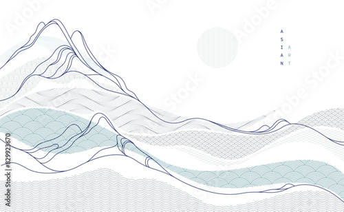 Abstract oriental Japanese art vector background, traditional style design, wavy shapes and mountains terrain landscape, runny like sea lines.