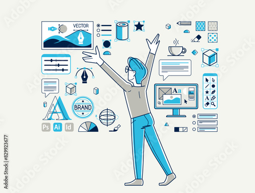 Graphic designer doing some creative job using computer software, digital visual artist working on a project vector outline illustration, composing and editing.
