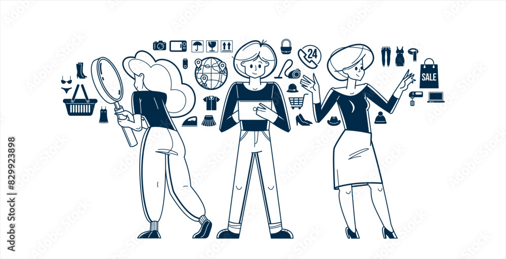 Online shopping and discount vector outline illustration, store workers team managing goods or customers have a big choice and enjoying cheap prices, advisers and consultants. Online shopping and discount vector outline illustration, store workers team managing goods or customers have a big choice and enjoying cheap prices, advisers and consultants.