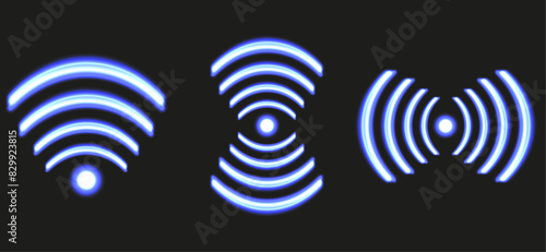 Set WIFI symbols isolated black background. Glass Neon effect WI FI Signal collection. Vector for web and social media design. Template technology sign.