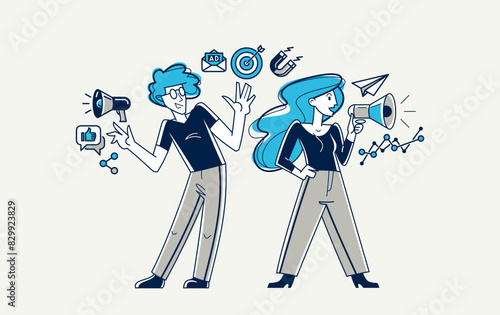 Marketing theme vector outline illustration, marketers team analyzing and creating plan and strategy, advertising business teamwork concept, reach a goal success.