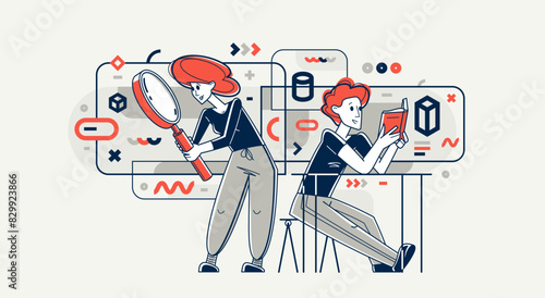 Young people reading books searching for information, learn science, self-education, fiction literature, inquire and analysis, vector outline illustration.