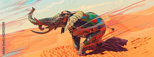 Merge the essence of modern novWitness a mechanical elephant trumpeting in a glitched-out desert of glowing sand dunes, seen through a glitch art lens, giving a tech twist to the safari experienceels photo