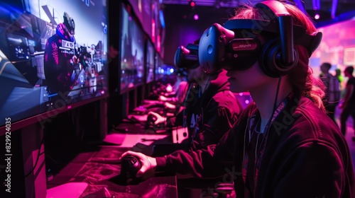 Player wearing virtual reality headset playing video games.