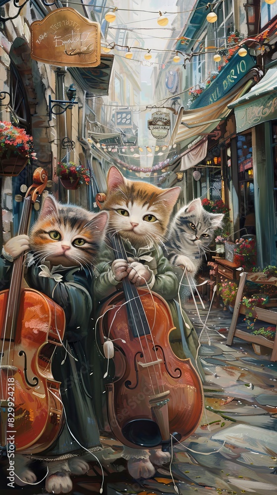 Musical kittens perform on lively street, enchanting passersby with plush doll art.