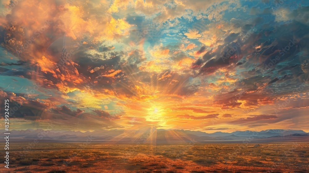 majestic sunrise breaking through clouds over desert landscape ai generated digital painting landscape photography