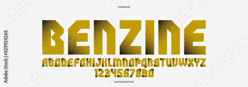 Halftone dotted futuristic cyberpunk font for logos and posters, vector brutal industrial typeface alphabet letters and numbers, urban technic future typography.