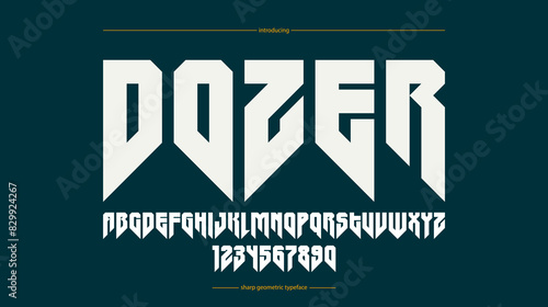 Sharp and bold gothic font for logo creation of for headlines, edgy geometric modern vector typeface, heavy metal and hard rock style alphabet with numbers.