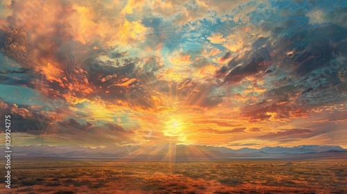 majestic sunrise breaking through clouds over desert landscape ai generated digital painting landscape photography #829924275