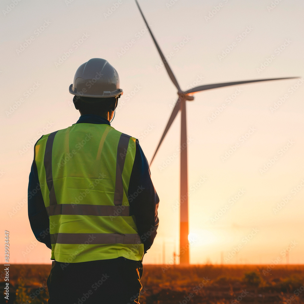 Back view technician stands in front of turbines as clean and environmentally friendly energy force. Back view technician stands in front of turbines as clean and environmentally friendly energy force.
